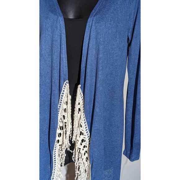 Charming Charlie Crochet Lace Trim Drape Cardigan Open Front Lightweight Medium - Picture 2 of 5